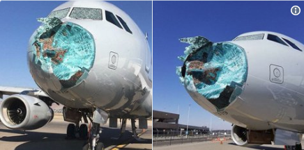 美国航空A319班机遭冰雹袭击！机头破洞、驾驶舱玻璃全裂