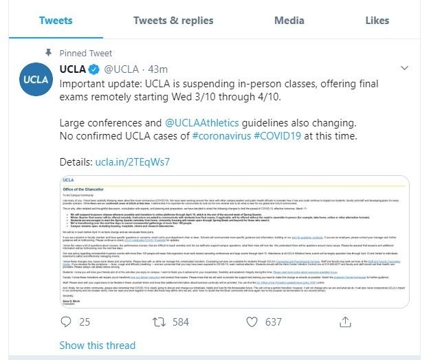UCLA、USC 周三起停课改为网上授课