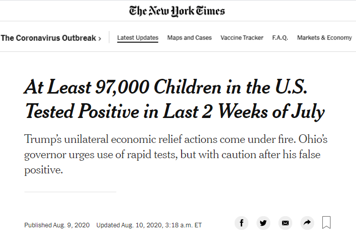 开学恐慌！美国两周内近10万儿童感染新冠，开学一周260名学生被隔离！