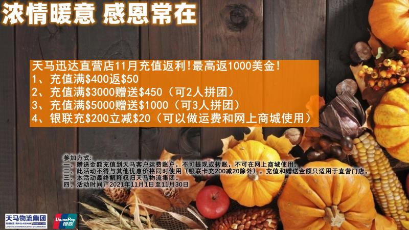 天馬迅達直營店11月充值返利!最高返1000美金!