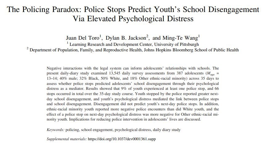 研究显示被警察拦截之后 青少年在这方面表现不好