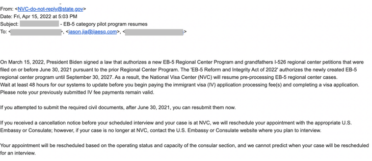 【移民】美国国家签证中心(NVC)全面恢复EB-5区域中心项目签证服务中  | JLG伯盛仲合律師事務所