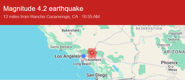 洛杉矶今天突发4.2级地震，华人区震感强烈