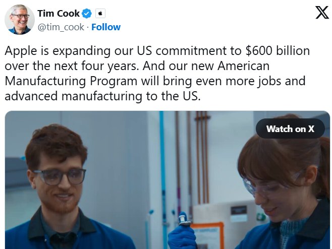 【在美製造】規避關稅衝擊，蘋果宣布再投資1000億美元擴大美國在地製造、帶動超過45萬個工作機會