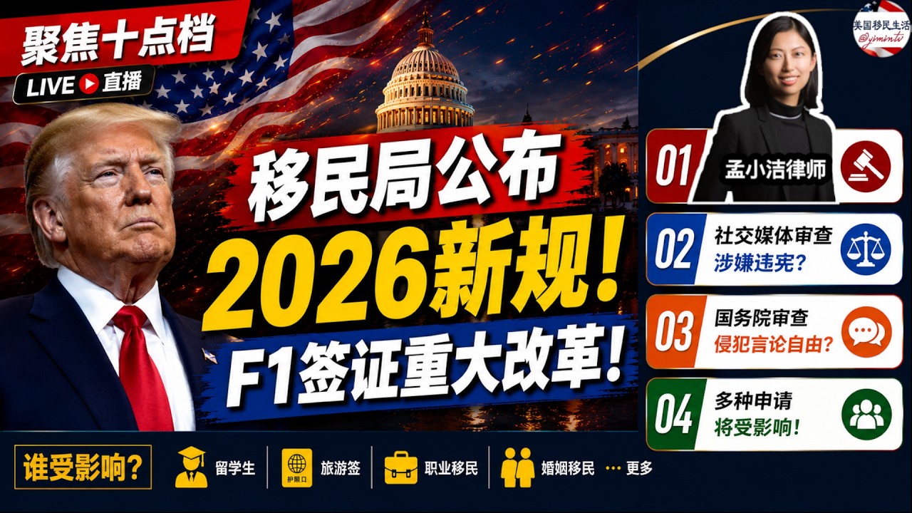 【移民】移民局公布2026年法规制定计划！多种申请受影响！ 重磅！F1留学生签证改革出炉！ 加州法官宣判，中国学生可挑战签证撤销政策！ DC法官判决：国务院审查社交媒体违宪，侵犯言论自由！ |20260716 | 孟小潔律師事務所