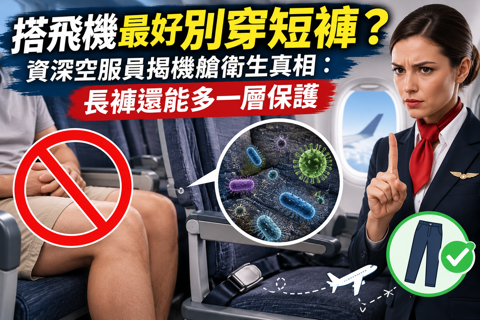 【衛生真相】搭飛機最好別穿短褲？資深空服員揭機艙衛生真相：長褲還能多一層保護