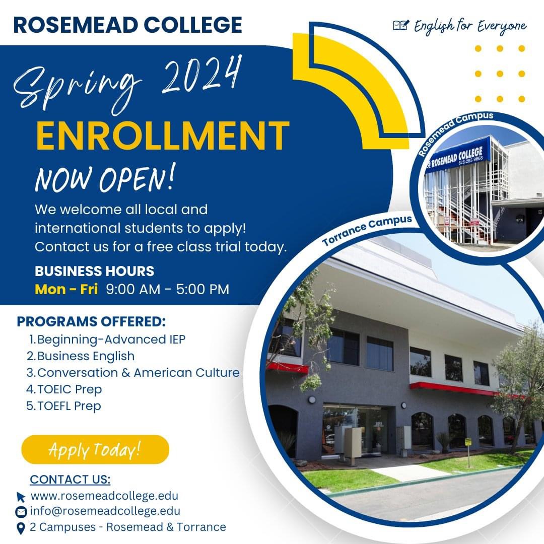 柔似密語言學校Rosemead College現正開始2024年春季班申請