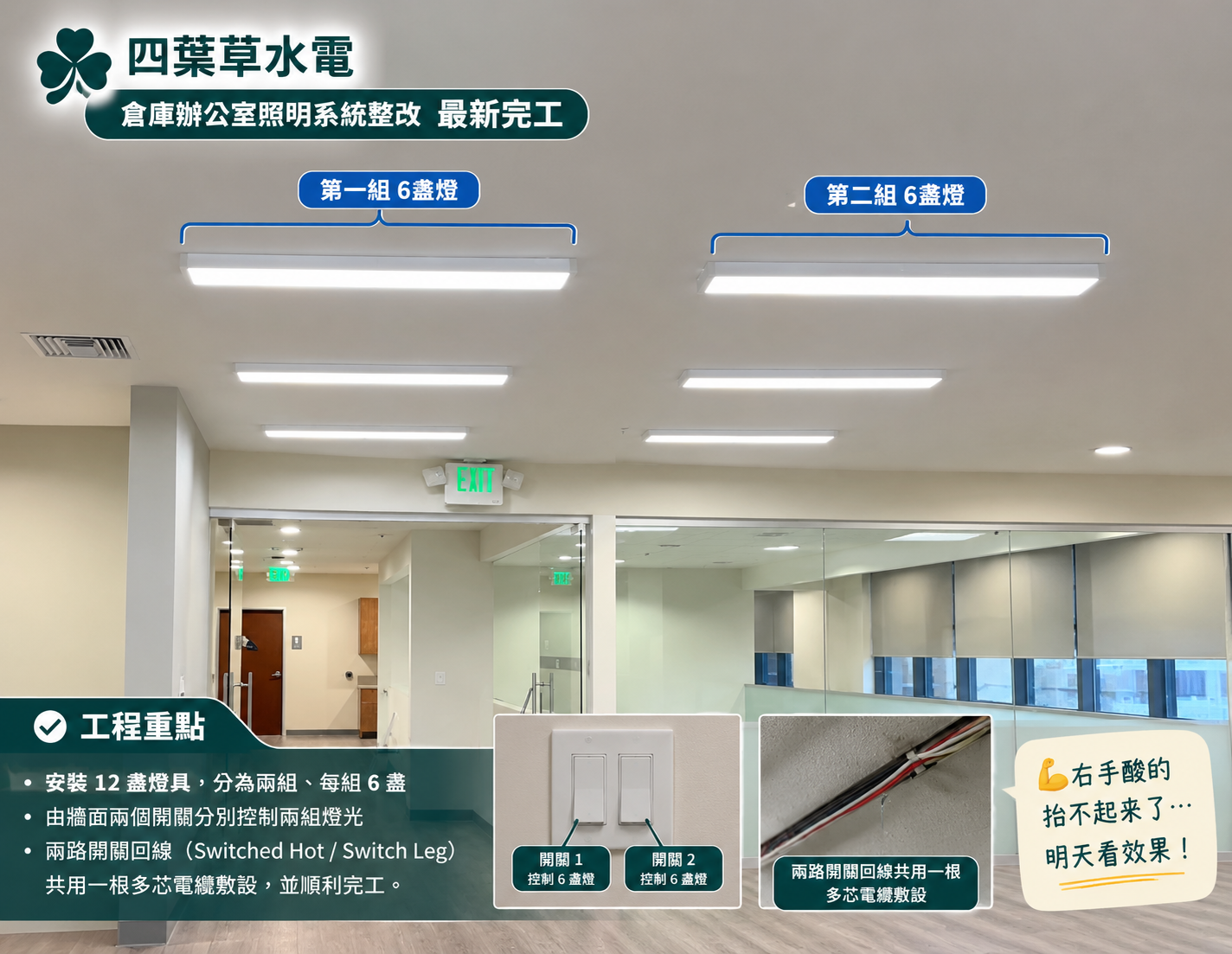【水電】四葉草水電｜倉庫辦公室照明系統整改，最新工程完工